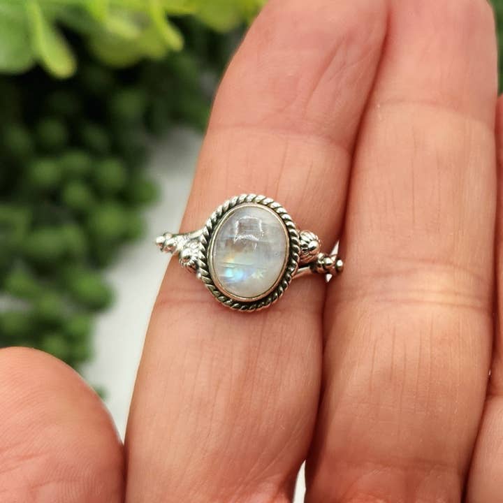Meraki Gemstones - Venta al por mayor Anillos grandes/de cóctel - Anillo de plata de ley (925) con piedra preciosa de piedra lunar arcoíris6