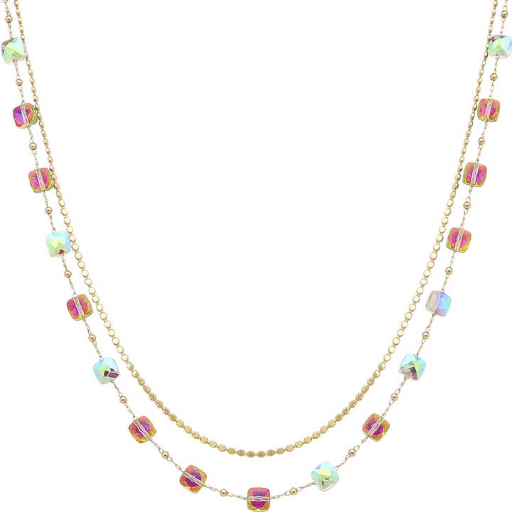 What's Hot - Wholesale Link & Chain Necklace - Multi Layered Gold and AB Multi Iridescent Crystal 16"-18" Necklace