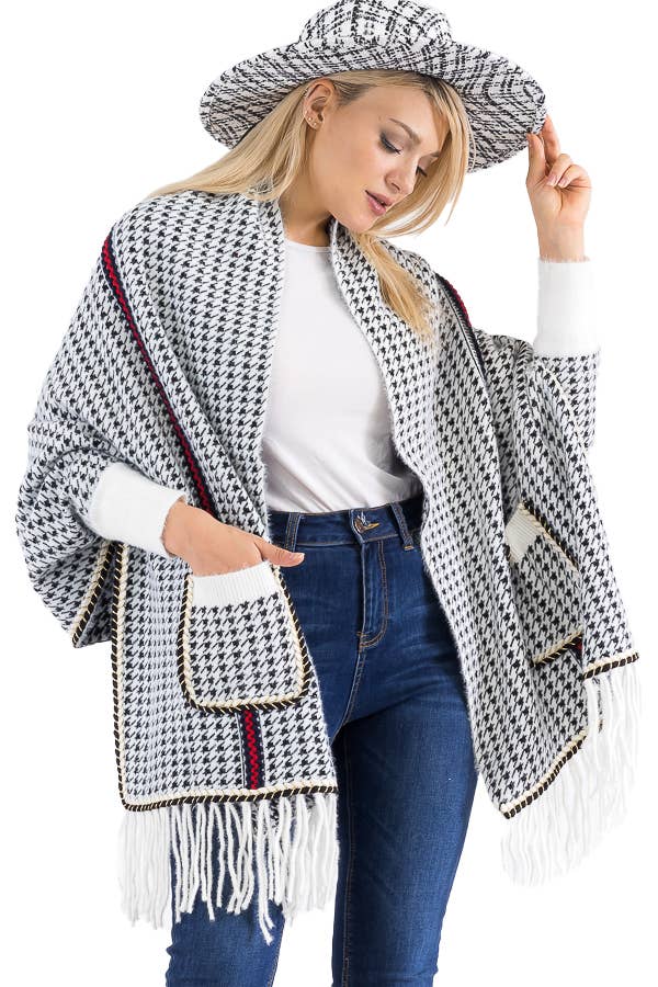 Cap Zone - Wholesale Poncho - Women's - Narrow Tri-Stripe Houndstooth Cardigan Sweater Poncho12