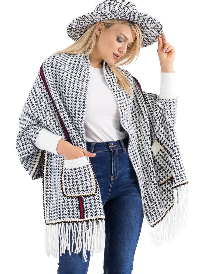 Cap Zone - Wholesale Poncho - Women's - Narrow Tri-Stripe Houndstooth Cardigan Sweater Poncho12