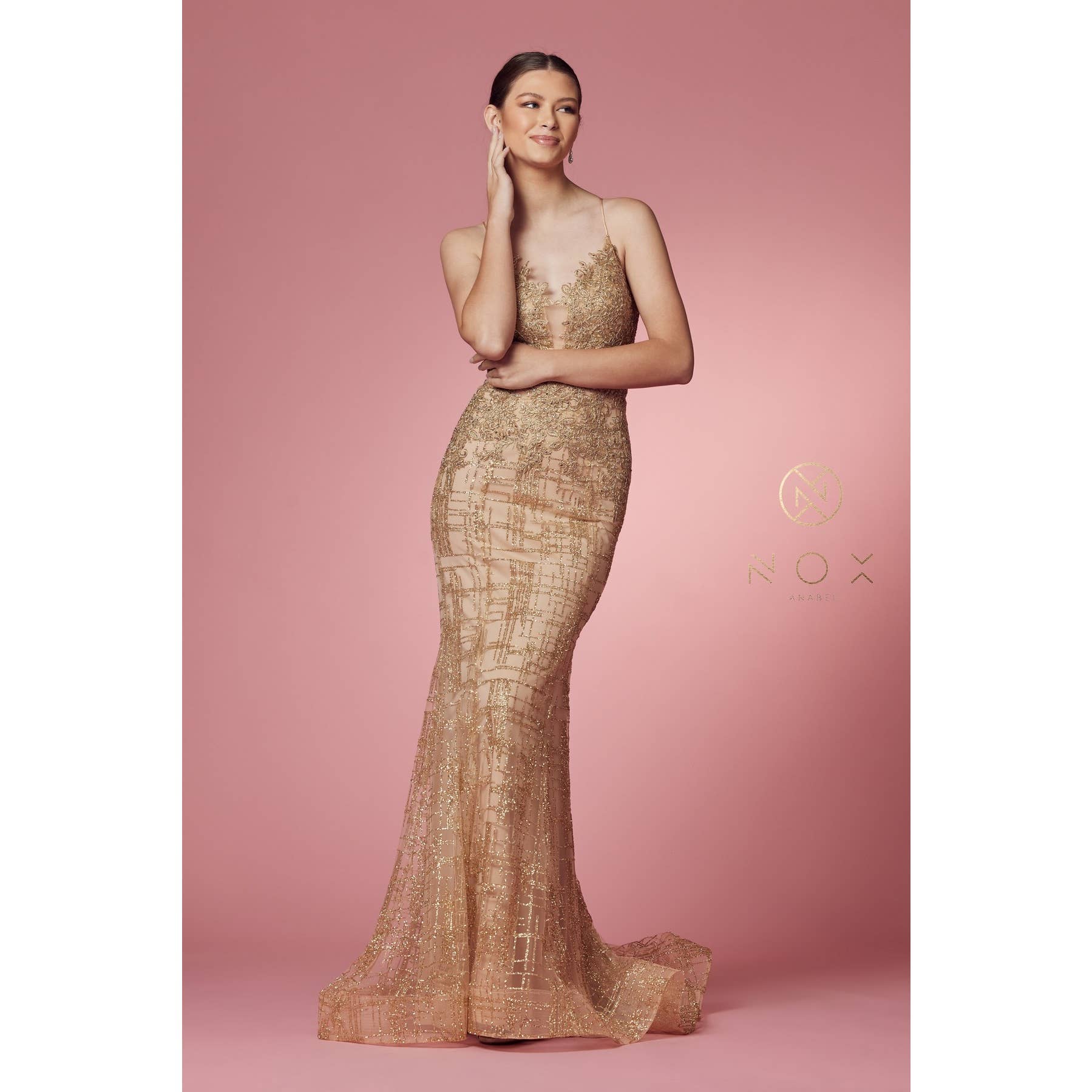 Noxanabel - Wholesale Formele jurk - Dames - Glamoureuze Glinsterende V-Hals Damesjurk R282-14