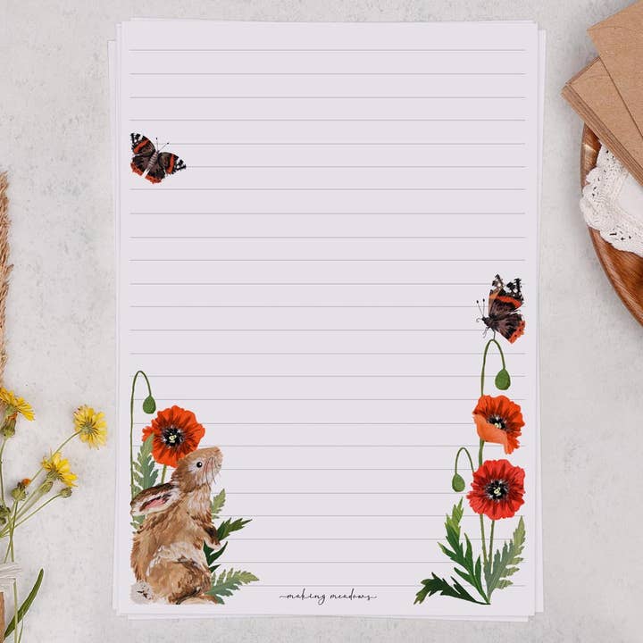 A5 writing paper with rabbit & poppy flowers | Letter Set for wholesale by Making Meadows Ltd