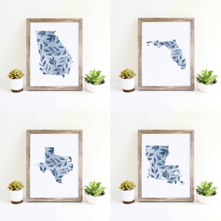 State Watercolor Silhouette Art Print for wholesale by Jenny Lemoine Design