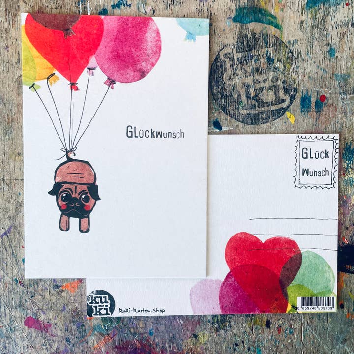 „GlückWunsch“ Mops. kuki Postkarte 10er Set für den Großhandel von kuki