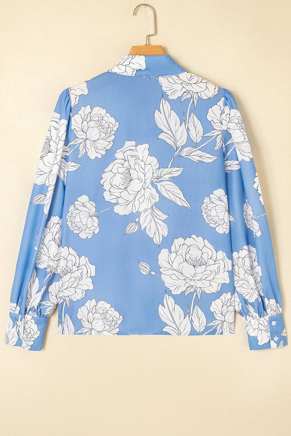 Sky Blue Floral Print Button Up Pleated Detail Puff Sleeve Shirt for wholesale on Faire3