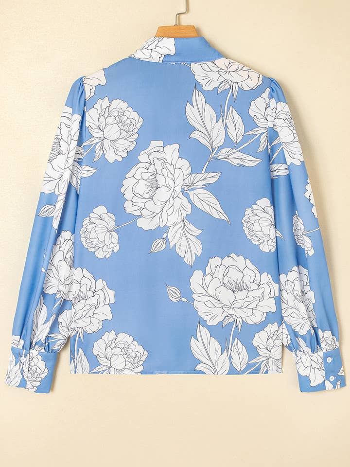 Sky Blue Floral Print Button Up Pleated Detail Puff Sleeve Shirt for wholesale on Faire3