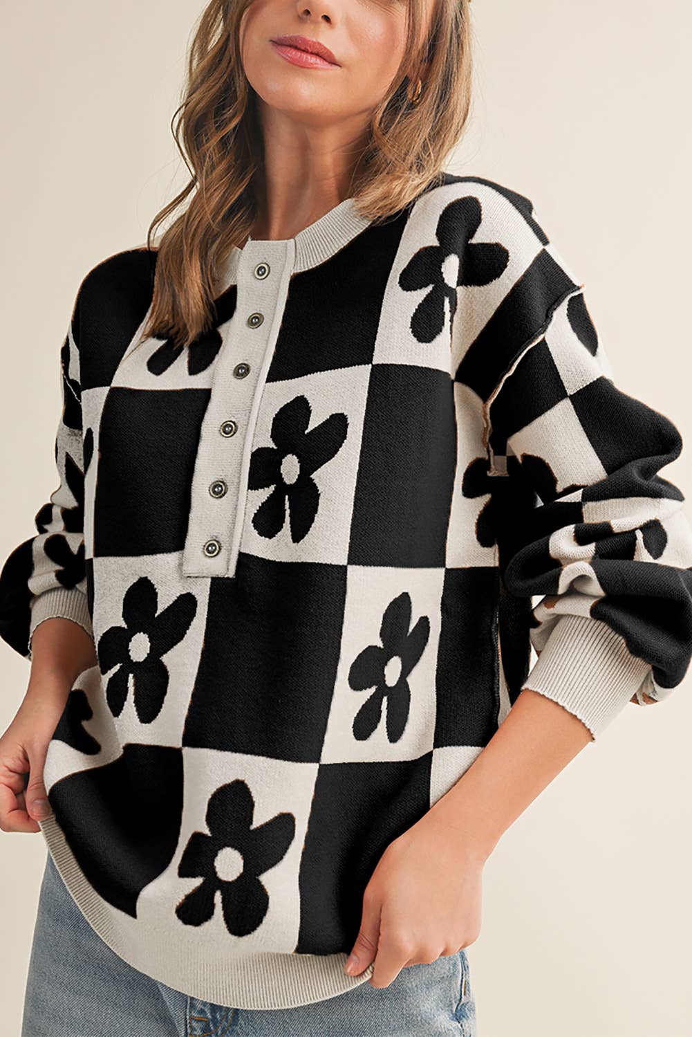 Aapparella - Vente Pull en maille – femme - Cardigan à boutons avec blocs de couleur à carreaux et fleurs | S-XL8