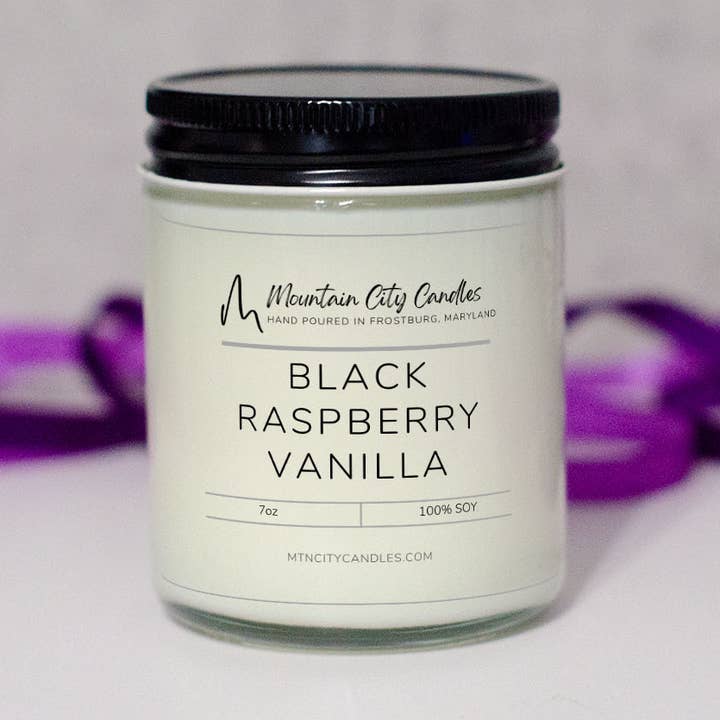 Bougies et fondants en cire de soja parfumés à la framboise noire et à la vanille pour la vente par Mountain City Candles