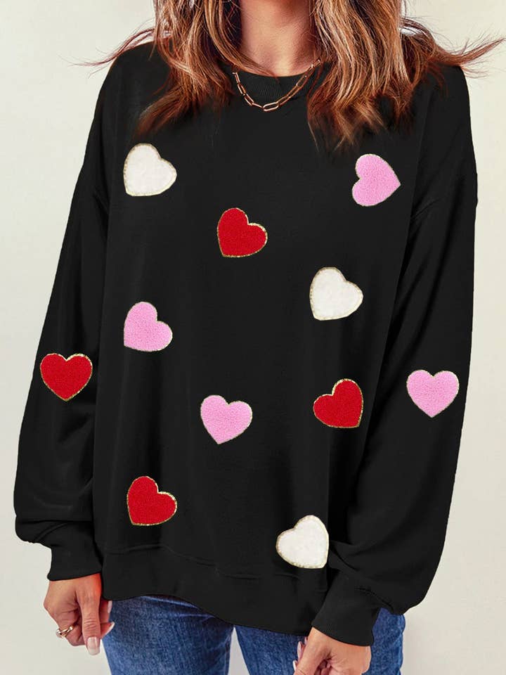 Black Heart Shaped Chenille Embroidered Crew Neck Sweatshirt for wholesale on Faire2