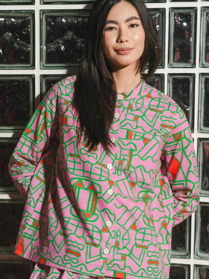 Organic Cotton and Linen Shirt in Blush Horizon for wholesale by Wild Clouds