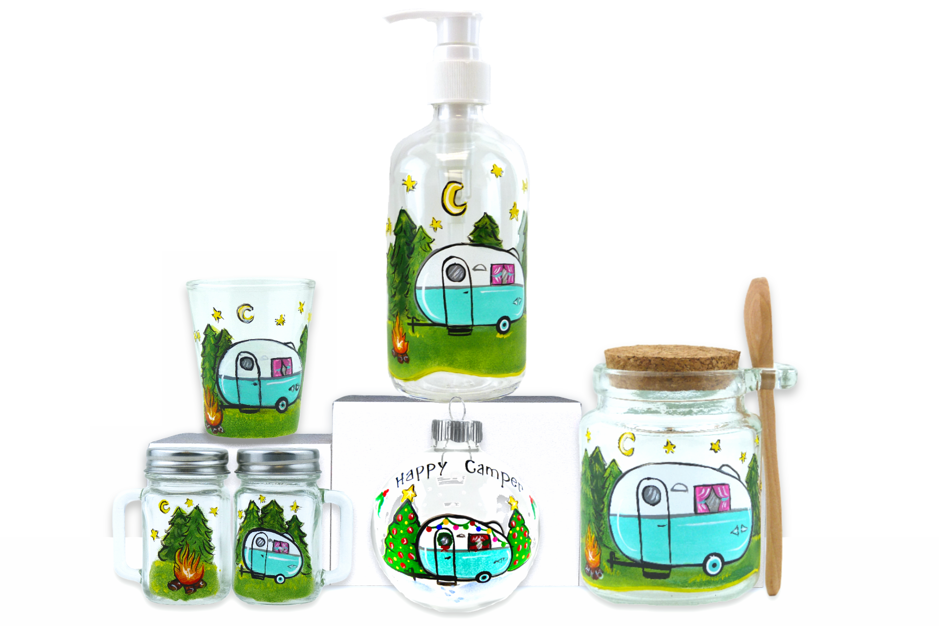 Classy Art Designs, LLC - Vente Ensembles salière et poivrière - Ensemble de salières et poivrières peintes à la main Happy Camper Campfire1