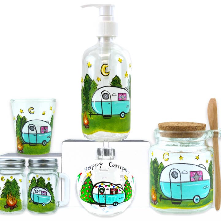 Happy Camper Campfire Hand Painted Glassware Set Pre-pack for wholesale by Classy Art Designs, LLC