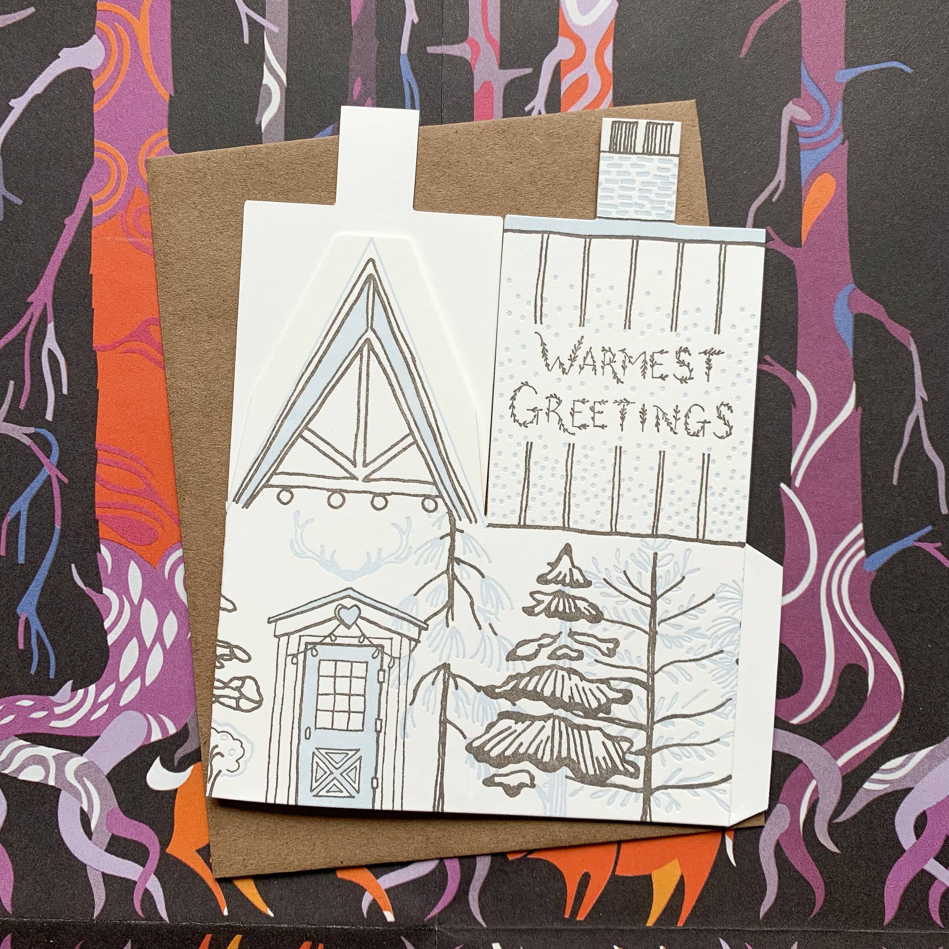 Blackbird Letterpress – wholesale Season’s Greetings card – 3D Warmest Greetings house holiday card1