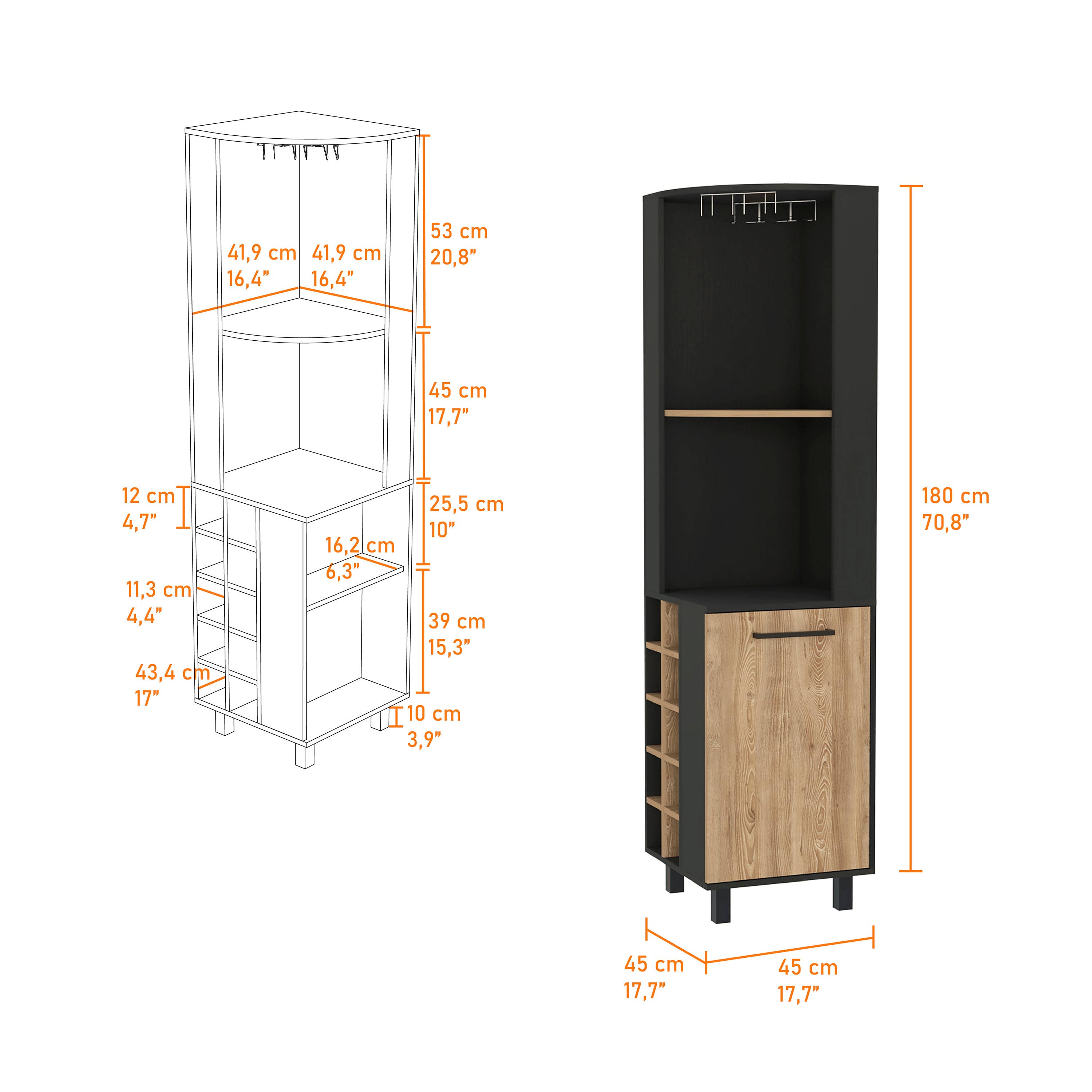 Multi color Kaia Corner Bar Cabinet, with 1 Door and Bottle Rack for wholesale on Faire2