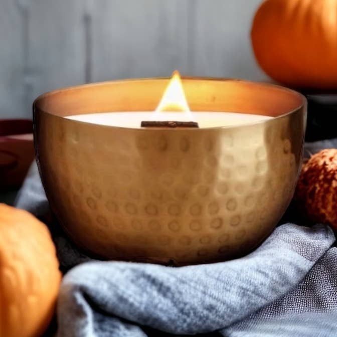 Pumpkin & Persimmons  -Solid Brass 14oz Pure Soy Candle for wholesale by Woodsy Homelife