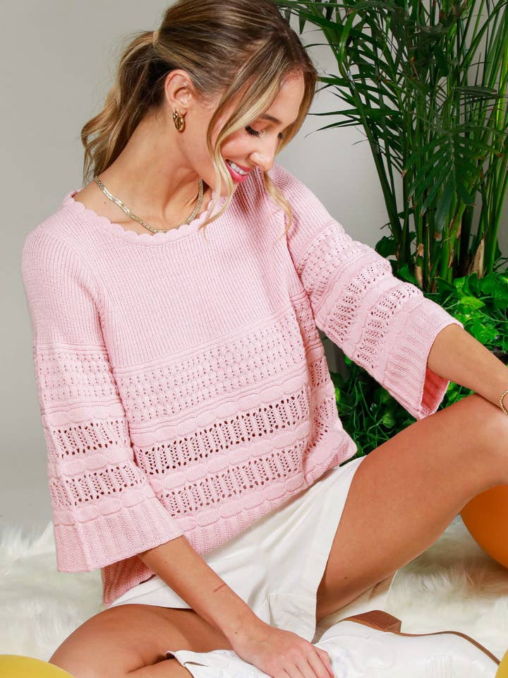 Round Neck 3/4 Sleeve Crochet Knitted Sweater Top VT81853- for wholesale by Vine & Love