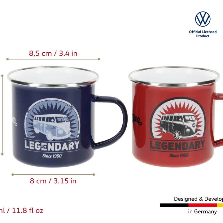 VW Collection by BRISA – wholesale Coffee mug – VW Bus Enamel Home Outdoor Travel Mug 2-pc Set 350ml – RD/BL