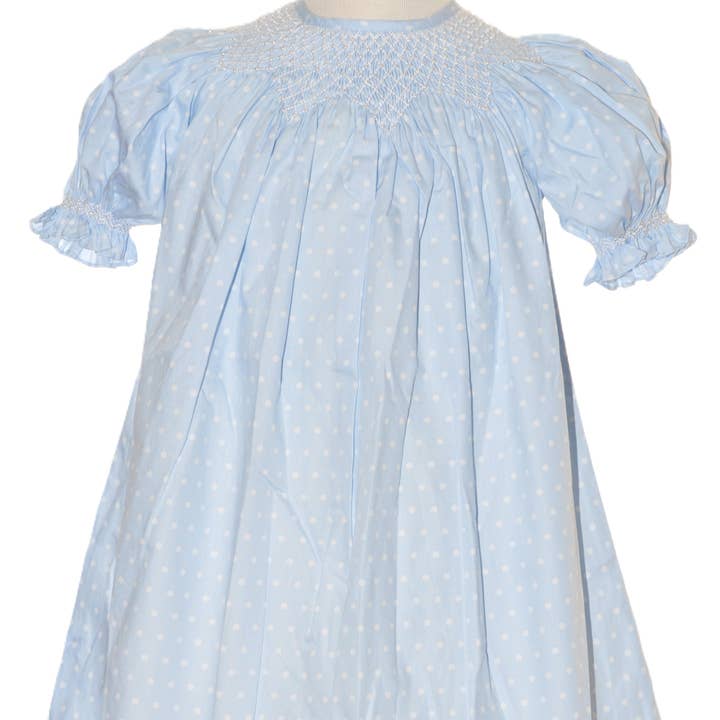 Blue Polka Dot Geo Smocked With Pearls Short Sleeve Bishop Dress for wholesale by Hello Bebes!