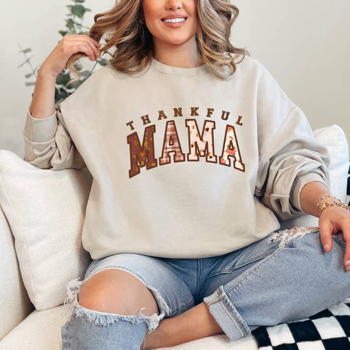 Scripted Pearl - Wholesale Sweatshirt - Women's - Thankful Mama Faux Embroidery Fall Crewneck Sweatshirt