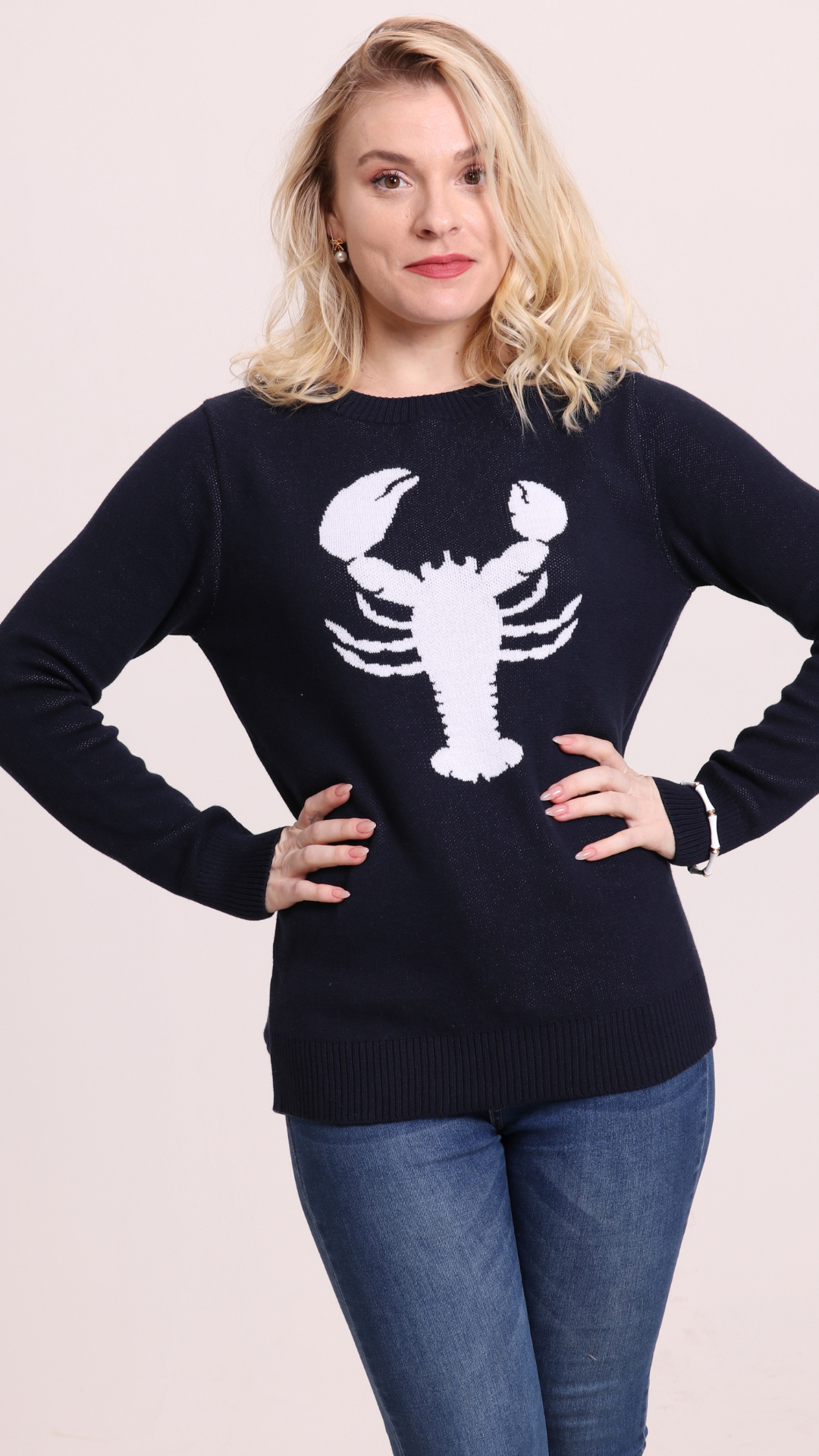 NAVY JANE - Wholesale Knit Sweater - Women's - Hadley Sweater - Navy with White Lobster2