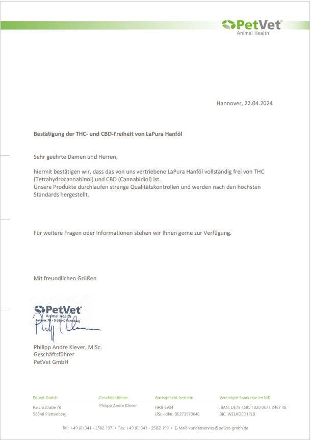 Kauartikel.com GmbH - Vente Compléments alimentaires – chat et chien - Huile de chanvre LaPura 1000 ml6