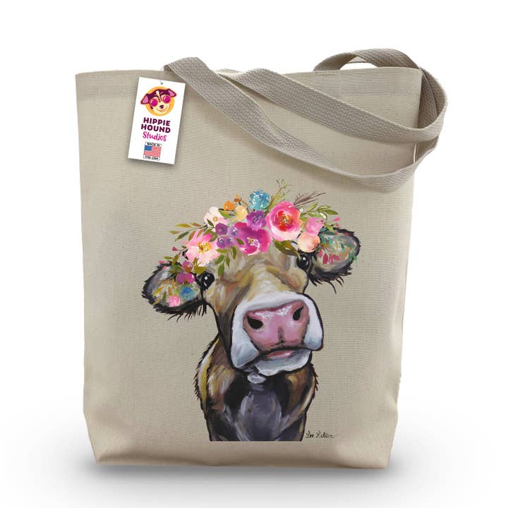 Bolsa de mano Bright Blooms Cow, bolsa con forma de corona de flores «Hazel» para venta al por mayor de Hippie Hound Studios