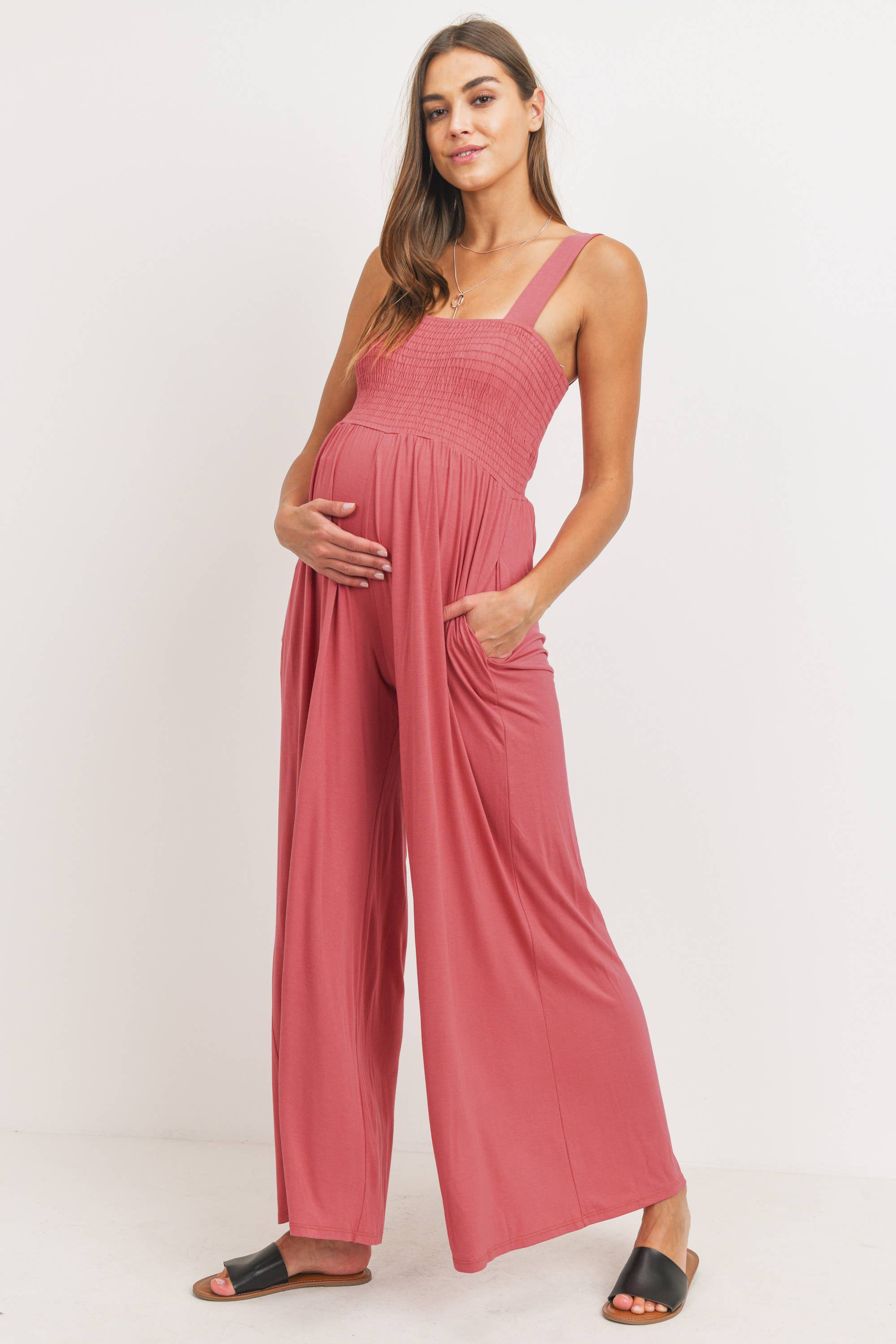 Hello Miz - Wholesale Lounge Romper - Maternity - Sleeveless Smocked Maternity Wide Leg Jumpsuit 17
