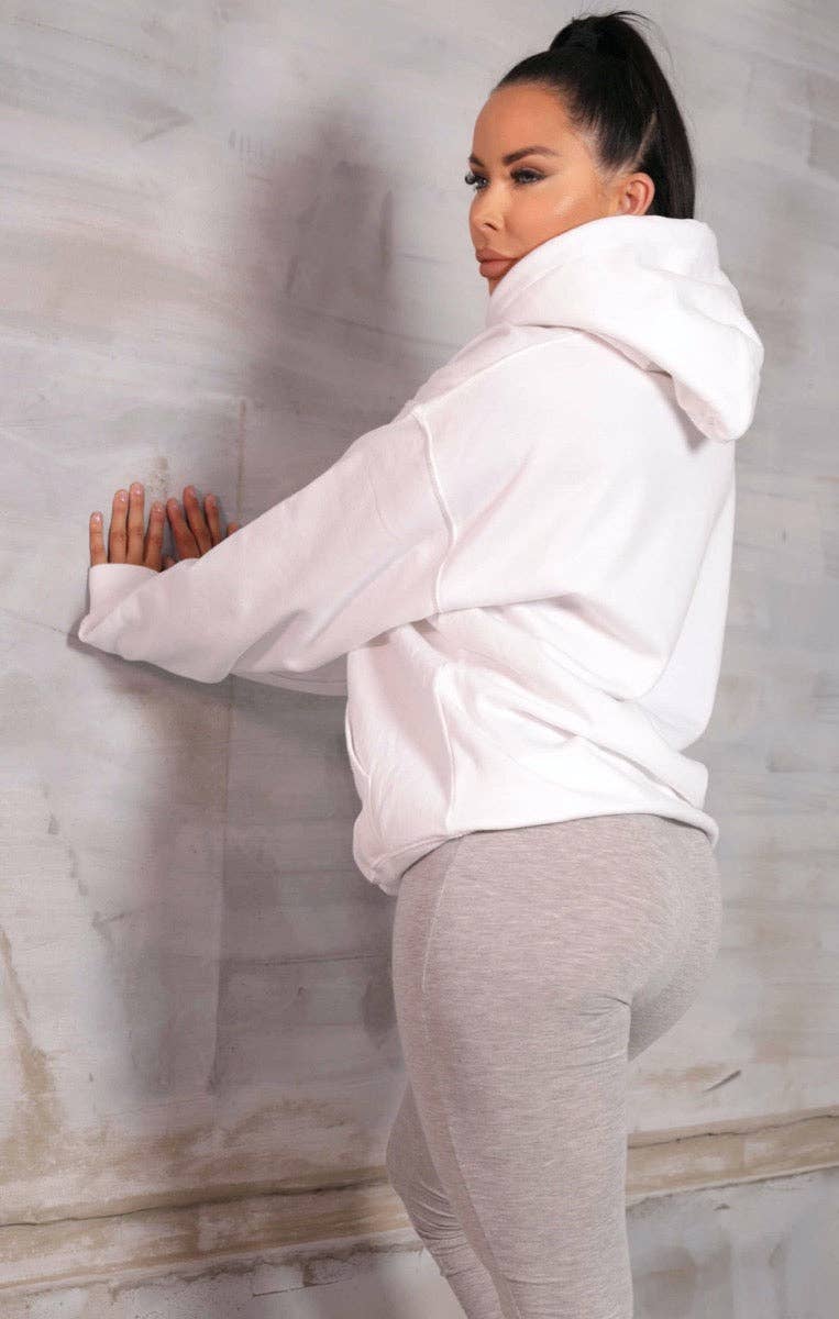 Femme Luxe – wholesale Hoodie – Women's – White Oversized Long Sleeve Front Pocket Drawstring Fleece Hoodie - Stella3