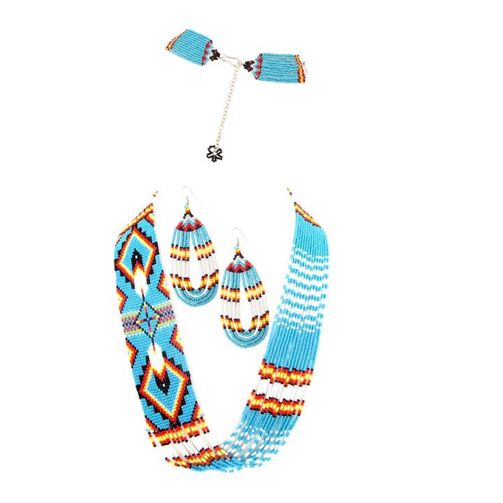 BEADS CORNER - Wholesale Beaded/pearl necklace - Handmade Beaded Turquoise Blue Feather Design Layered Set4