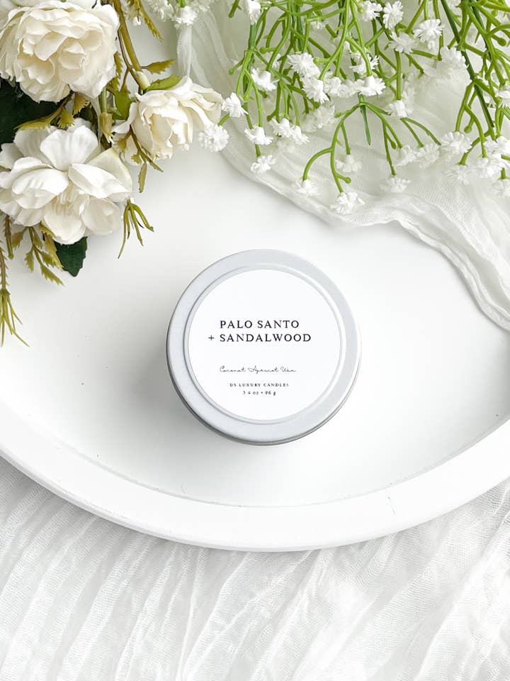 Palo Santo + Sandeltræ - 3,4 oz Hvid Tinlys for engroshandel hos DS Luxury Candles