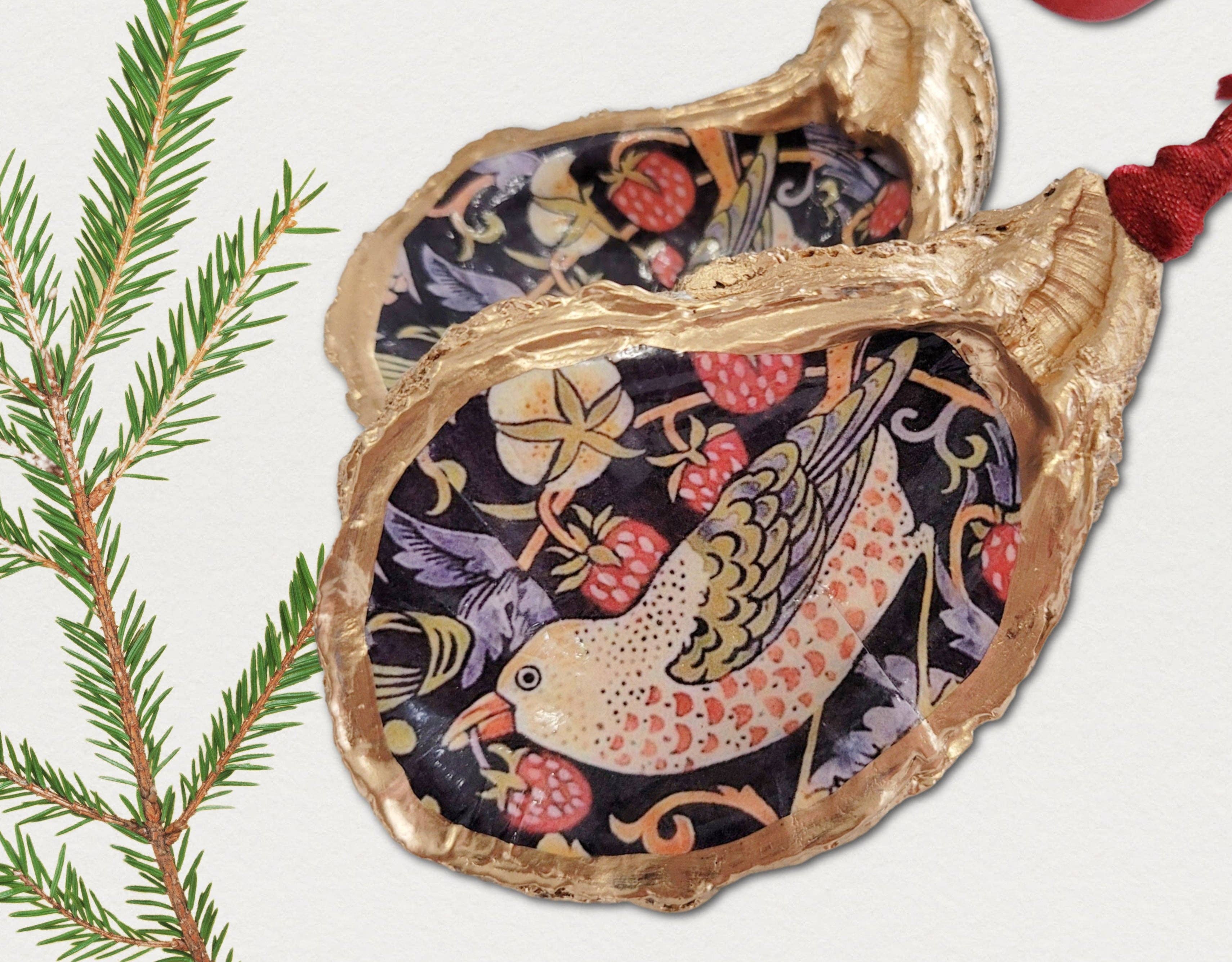 Beatrixbell Handcrafted - Wholesale Ornament - William Morris Strawberry Thief • Oyster Shell Ornament1