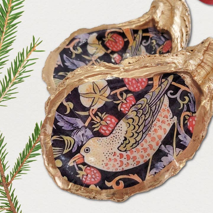 Beatrixbell Handcrafted - Wholesale Ornament - William Morris Strawberry Thief • Oyster Shell Ornament1