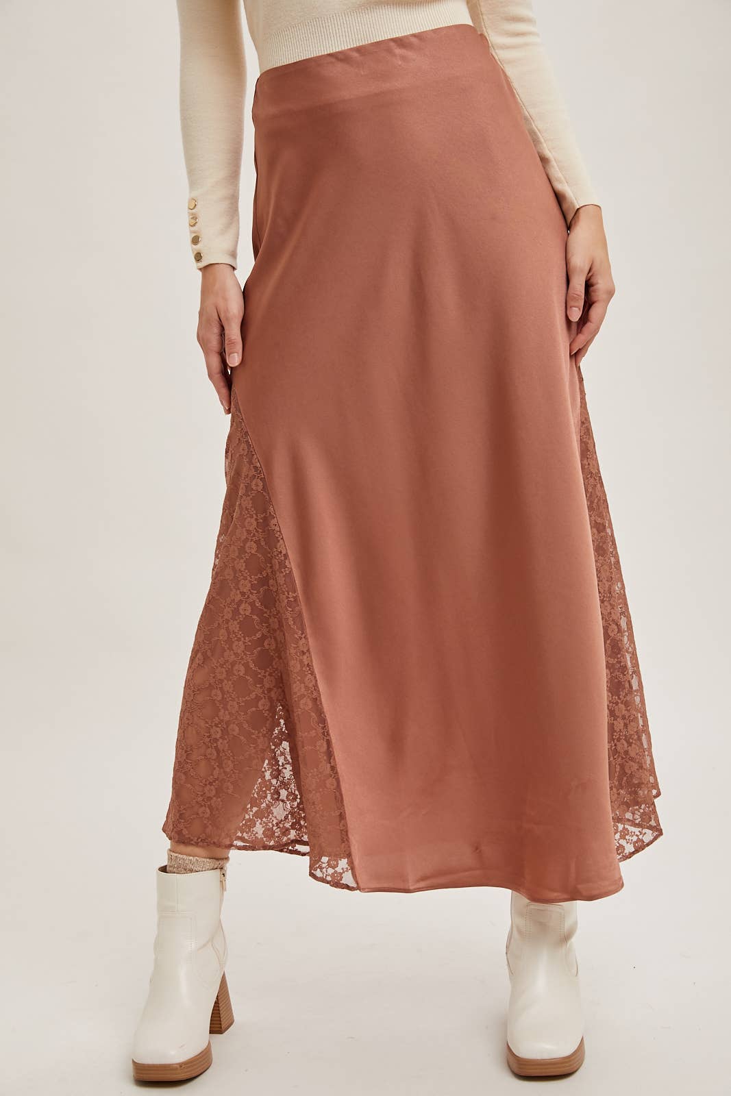 Bluivy - Vente Jupe – femme - Jupe midi en satin taille mi-haute avec bordure en dentelle4