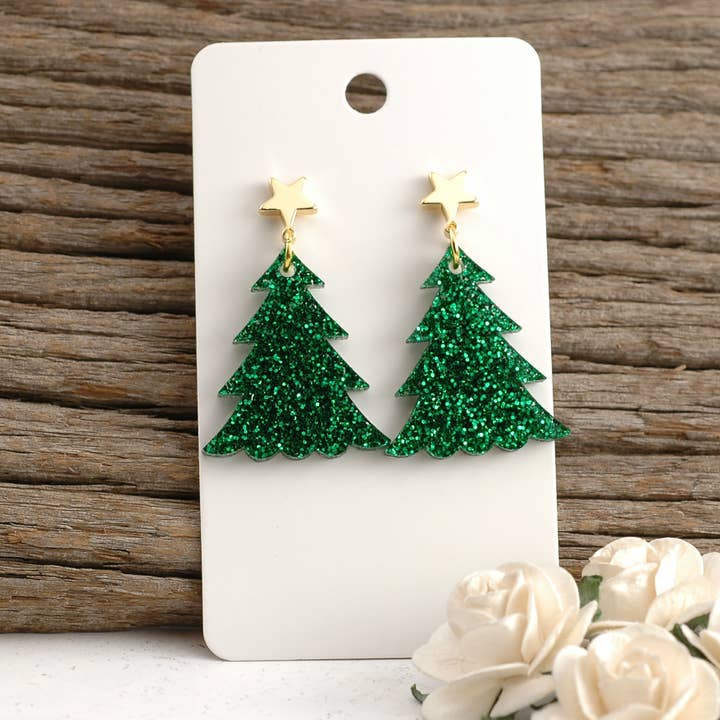 Christmas Tree Star Dangle Post Earrings - Acrylic for wholesale by Rocky Mountain Shops