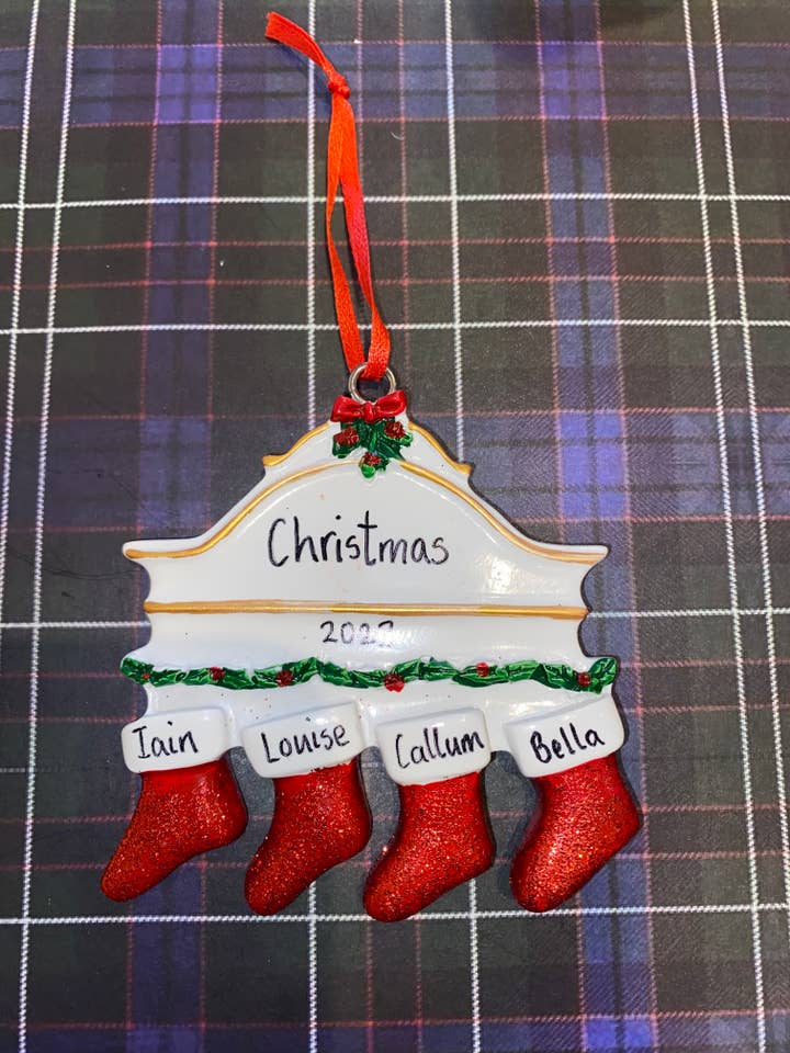 Personalised Tree Decoration - Mantle Stocking Family of 4 for wholesale by Dekassa