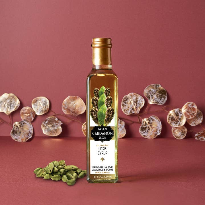 NEW! Green Cardamom Elixir. All Natural Cocktail&Soda Syrup for wholesale by Floral Elixir Co.