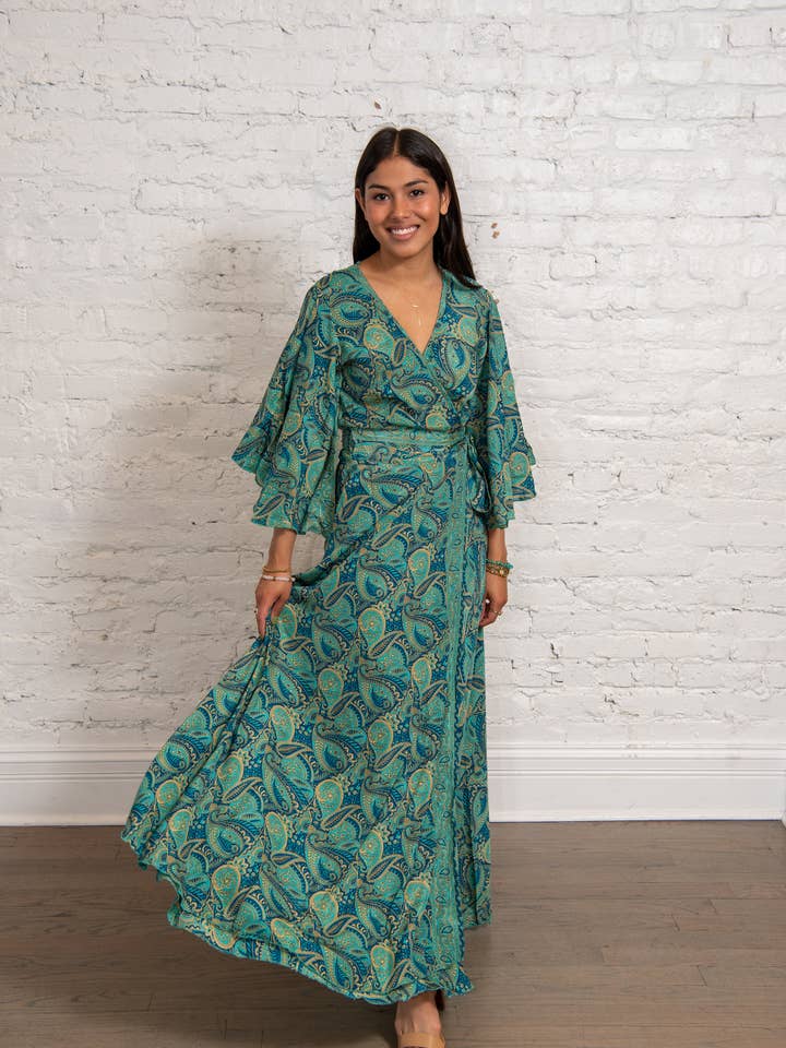 Baizaar - Venta al por mayor Vestido - Mujer - Vestido cruzado Sari con mangas onduladas, talla S/M