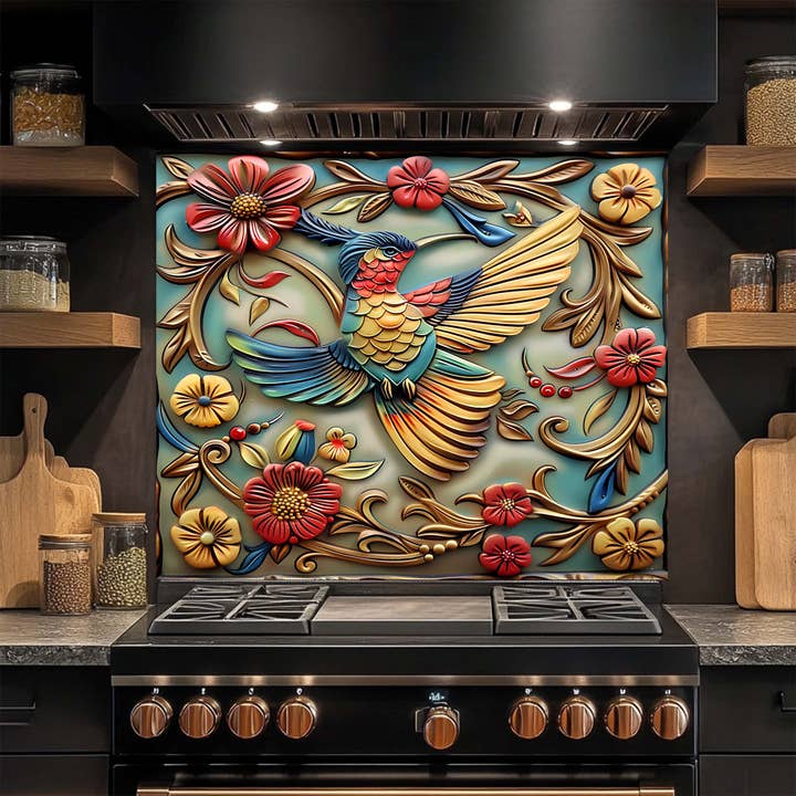 Resplendor de Penas Vidro Temperado – Vibrante Pássaro e Floral para Cozinha por atacado de Glass Kitchen Backsplash