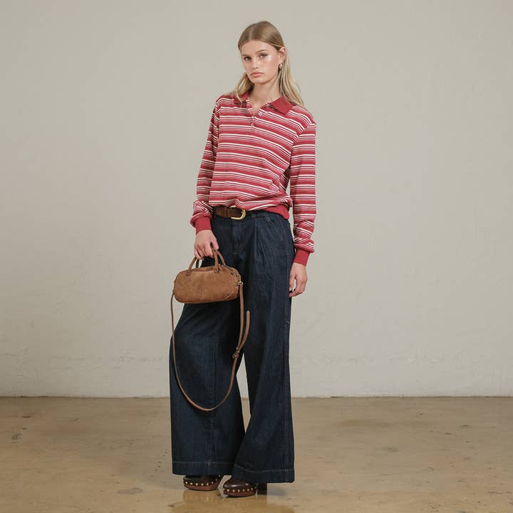 RAISONNEL - Wholesale Polo - Women's - Striped Polo Long Sleeve – Burgundy & Navy - RTK10086