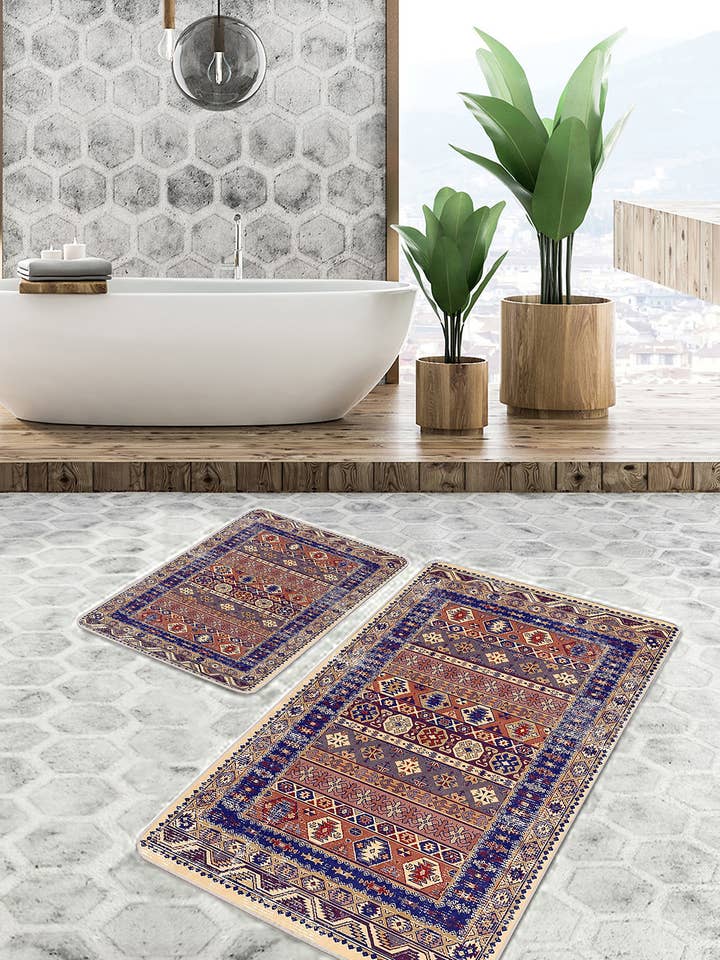 Traditional Persian Patern Elegant Red Blue Bathroom Rug Set for wholesale by Realhomes