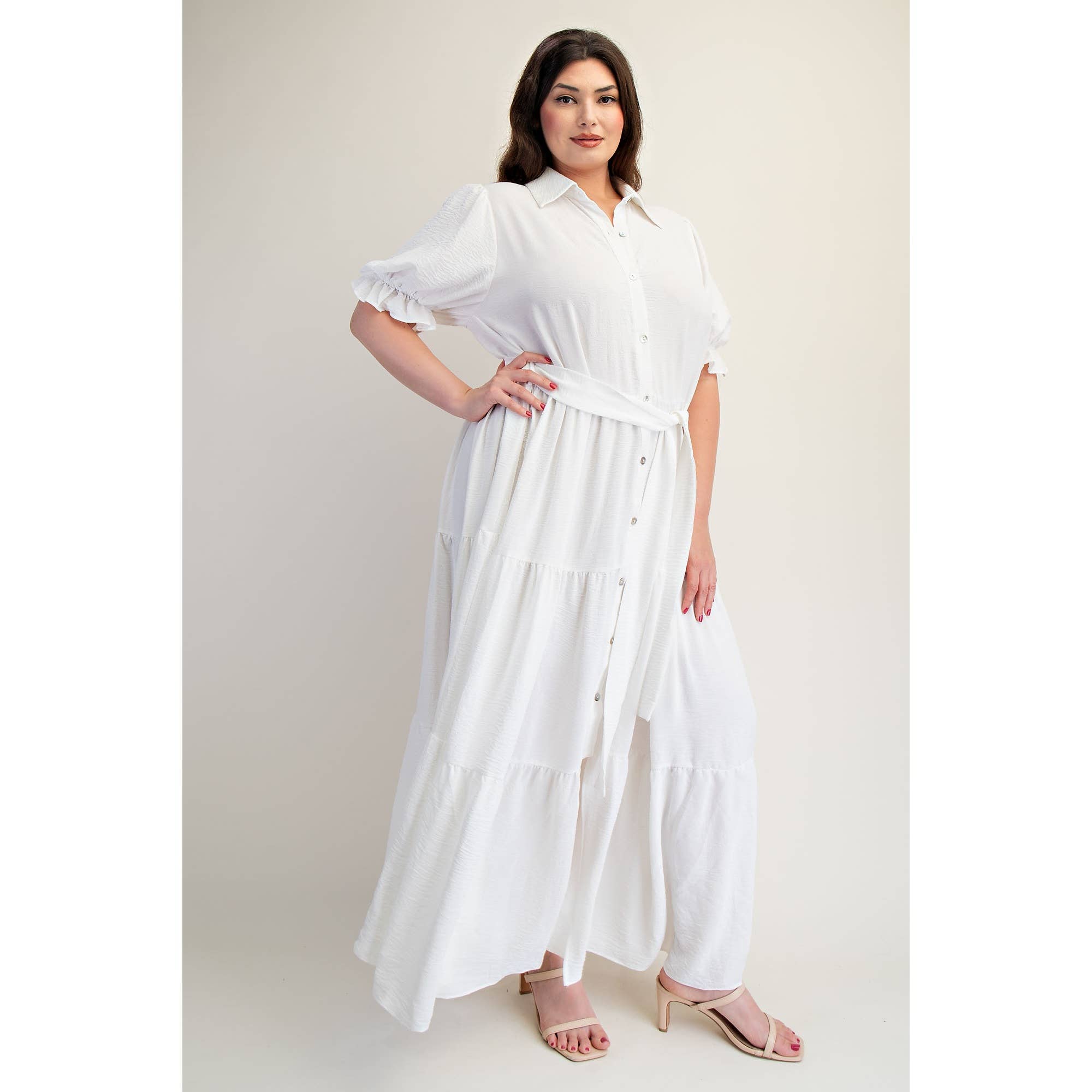 ORANGE CORAL PLUS SIZE BUTTON FRONT MAXI DRESS WITH TIERD HEM for wholesale on Faire14