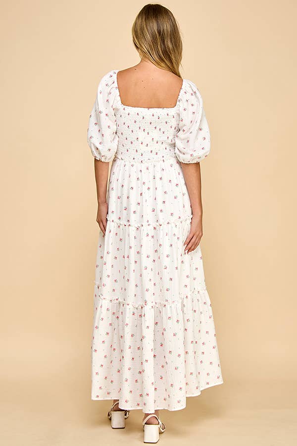 Million Colors - Vendita all'ingrosso Vestito - Donna - Abito Midi a Balze con Maniche a Sbuffo e Motivo Floreale Rosso Off-White di Hattie7