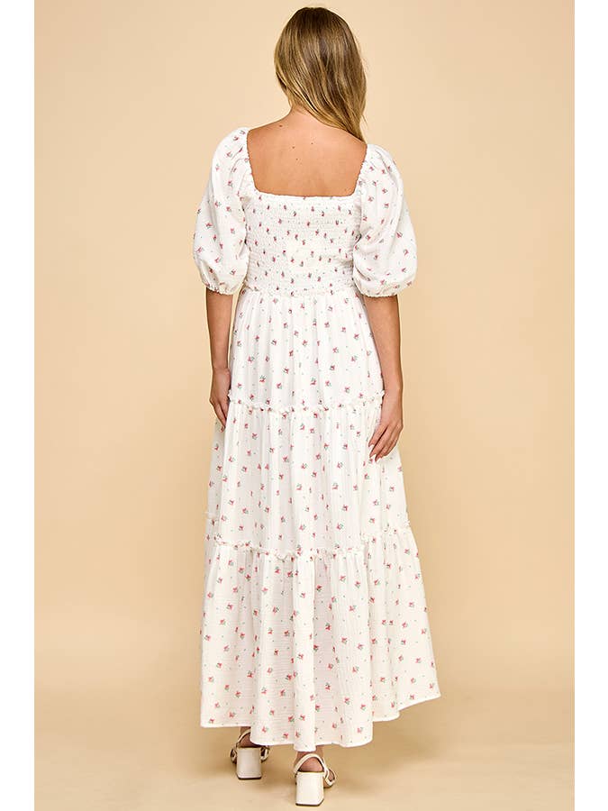 Million Colors - Vendita all'ingrosso Vestito - Donna - Abito Midi a Balze con Maniche a Sbuffo e Motivo Floreale Rosso Off-White di Hattie7