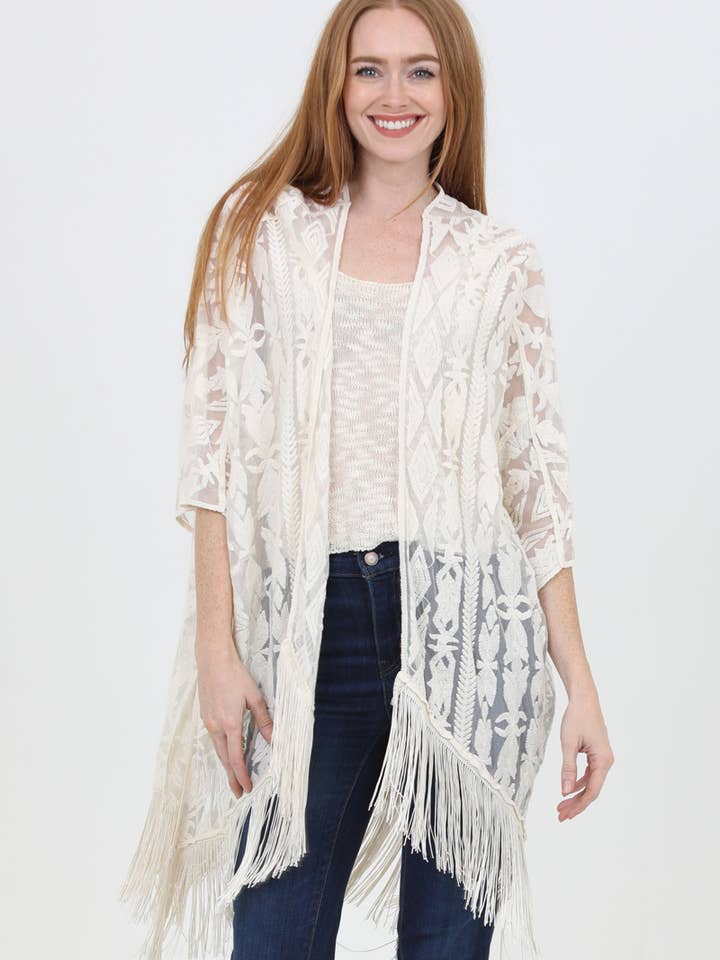 X2ED9-EMB KIMONO CON ORLO A FRANGE RICAMATO per la vendita all'ingrosso da parte di ANGIE