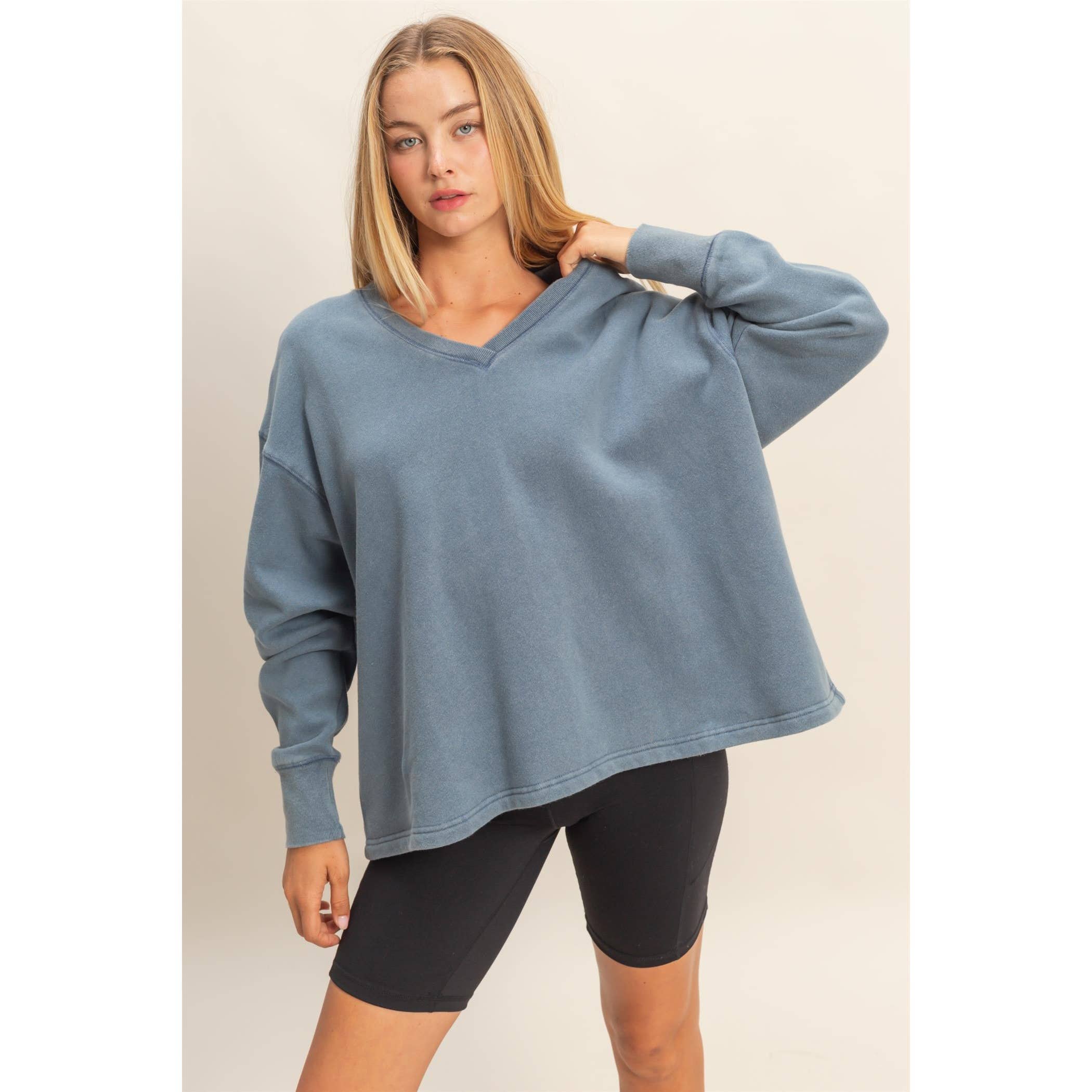 Double Zero - Wholesale Sweatshirt - Women's - Oversized V-Neck Sweatshirt With Raw Edge Detail30