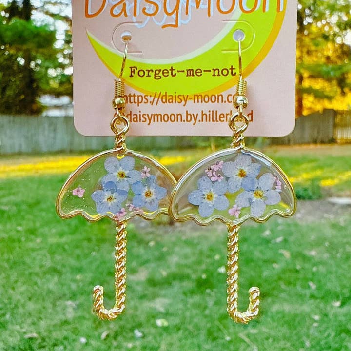 Pressed Forget Me Not Umbrella Earrings for wholesale by Daisy Moon by Hillerland