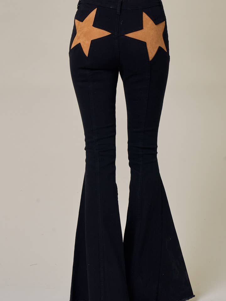 SIP6225A BLK WESTERN INSPIRED, BACK SUEDE STAR FLARE JEANS for wholesale by Saints & Hearts