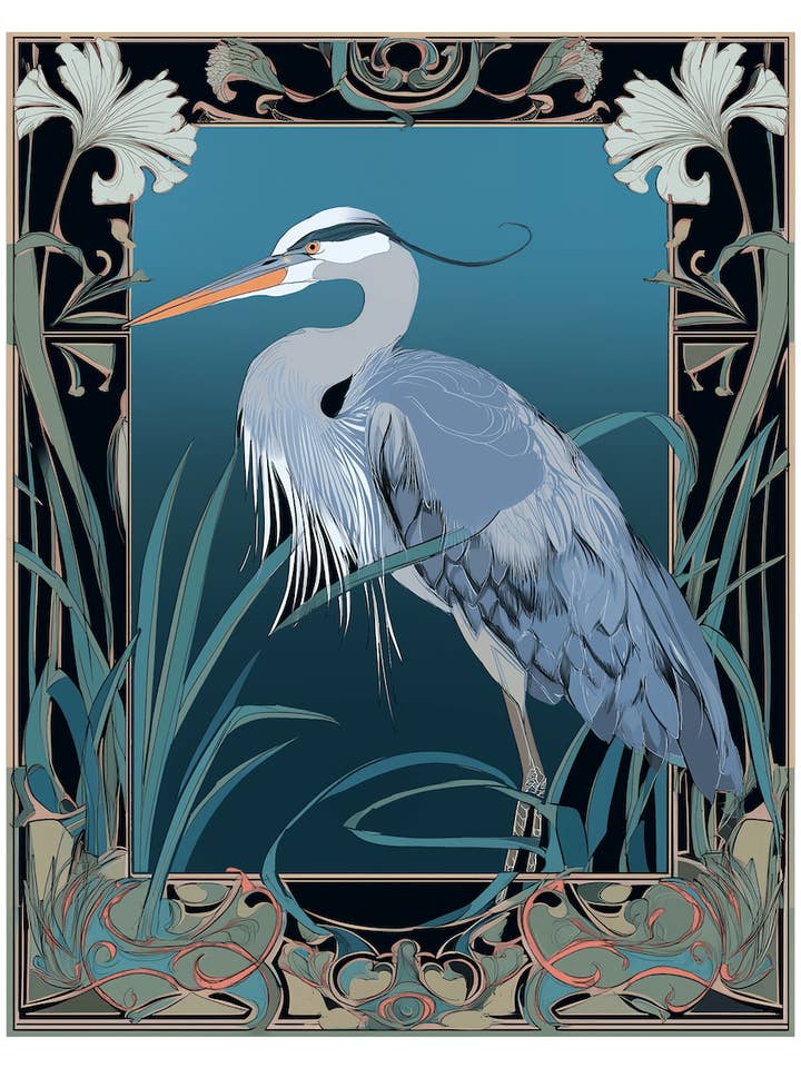 Grande Garça Azul Art Nouveau 3 – Obra de Arte 8″x10″ para Moldura 11″x14″ por atacado de Mowbi