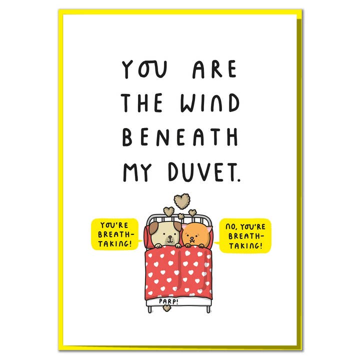 Mungo And Shoddy - Wholesale Anniversary card - You Are The Wind Beneath My Duvet. Funny Anniversary