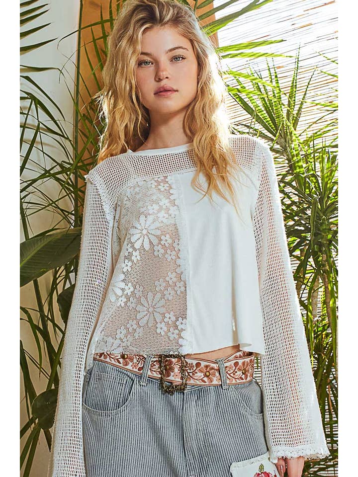 Pol Clothing - Wholesale Knit Top - Women's - Round neck long sleeve lace crochet contrast top